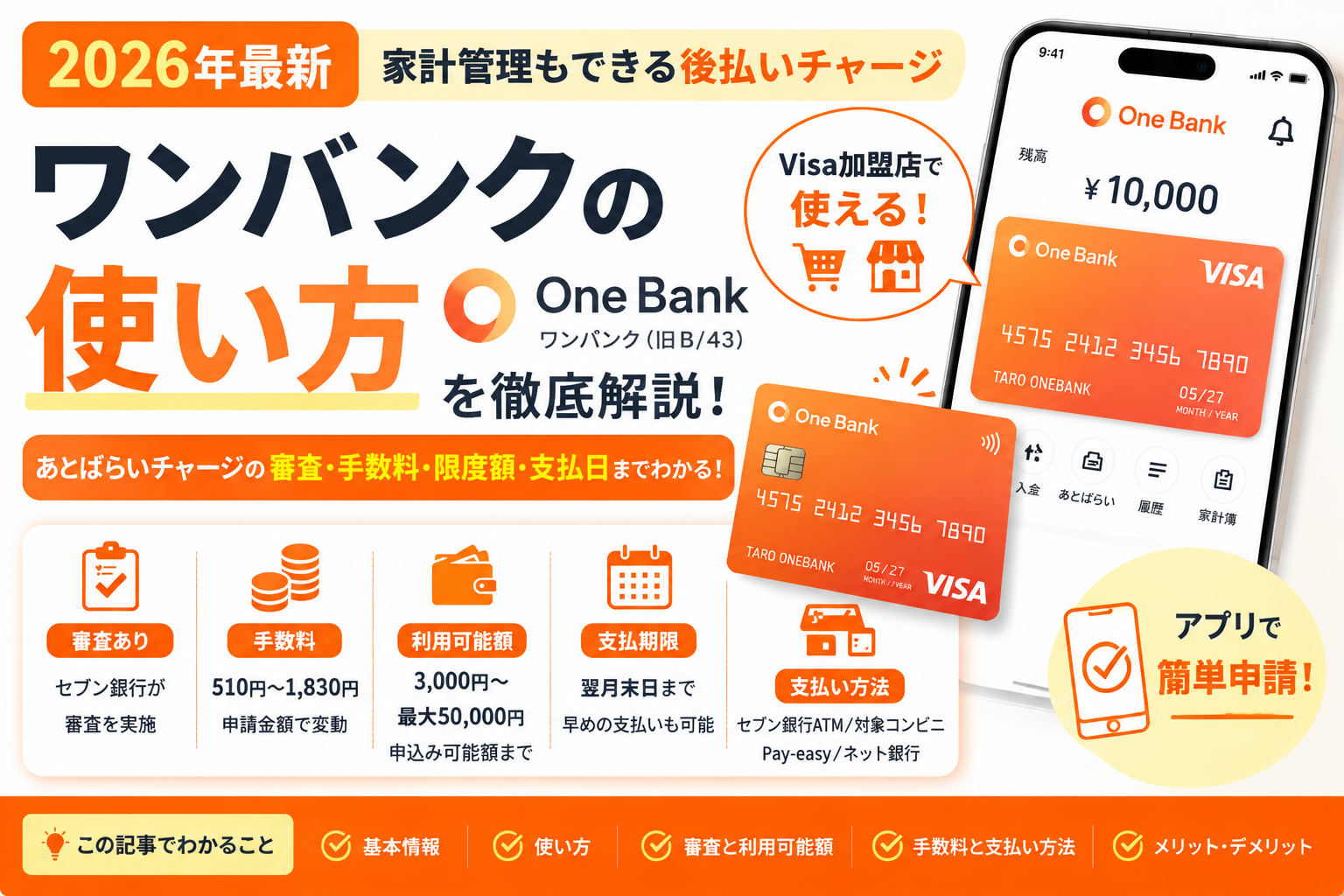 ワンバンクの使い方とあとばらいチャージの審査・手数料・限度額・支払日を解説